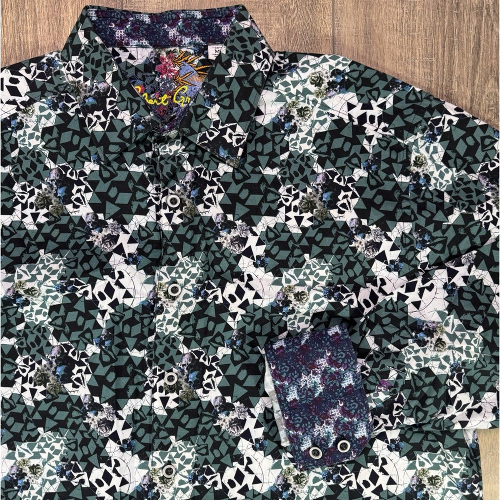 Robert Graham Finchley Green Geo Skull Bud Mens Med Flip Cuff Button Up Shirt